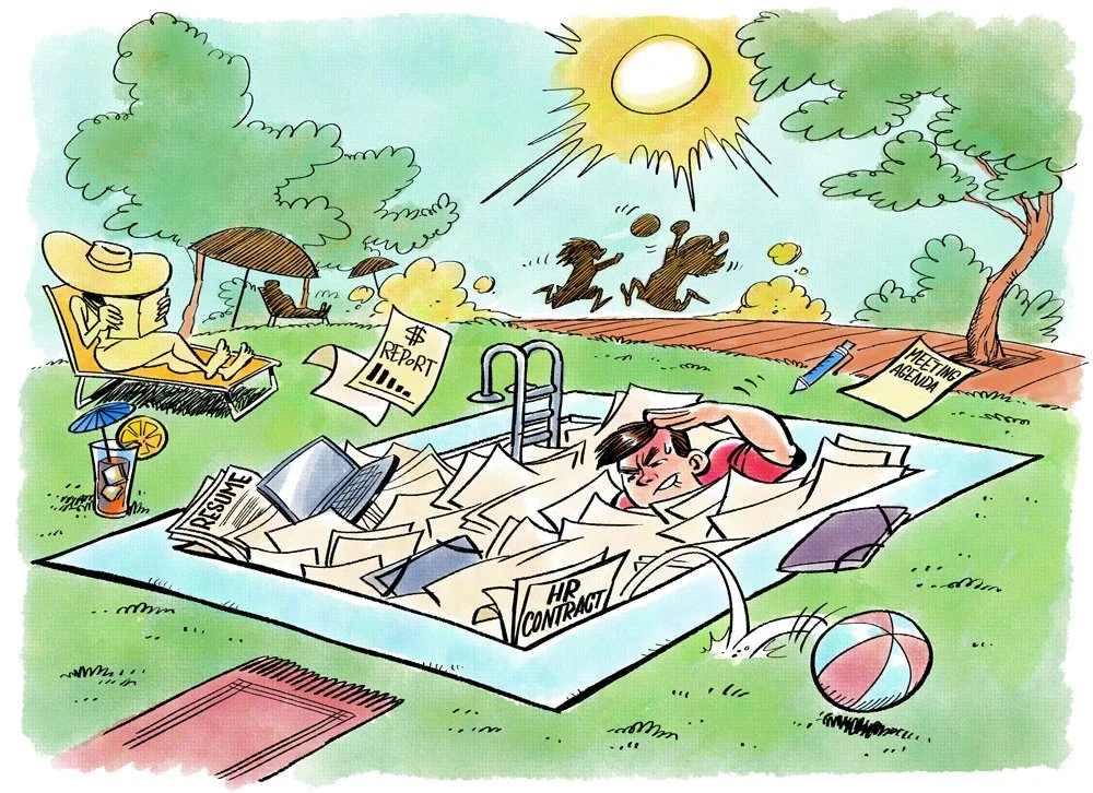 Illustration of a stressed union business manager drowning in paperwork, highlighting leadership challenges