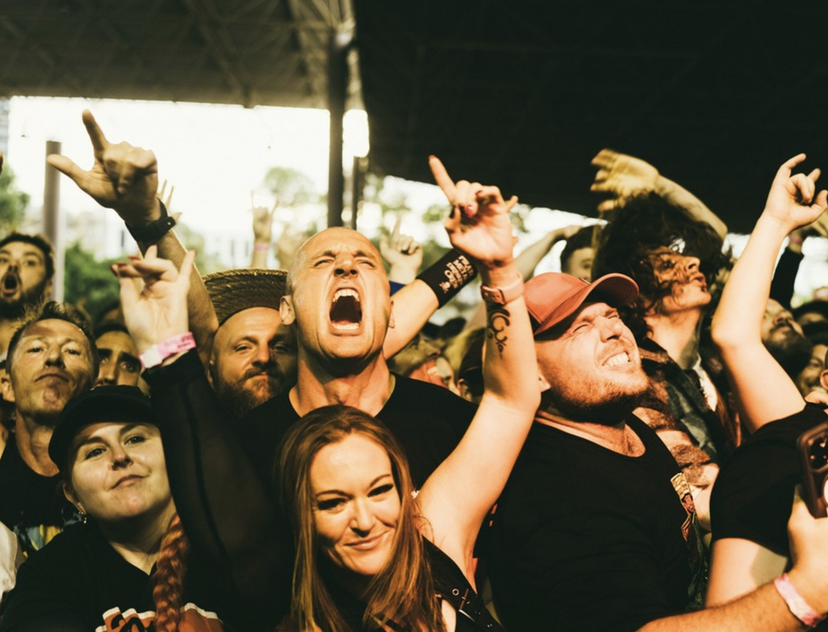 A crowd of people at a concert or outdoor event, cheering and raising their hands, with some shouting or singing.