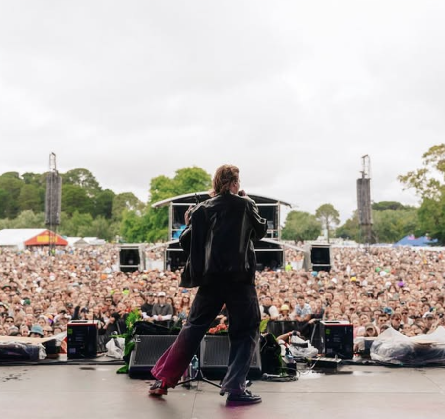 Performer on stage at an outdoor concert facing a large audience with trees in the background.