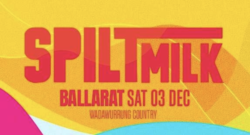 Event poster with bold pink and red text on a yellow, pink, and blue background, promoting a concert at Ballarat on Saturday, December 3rd, in Wadawurrung Country.