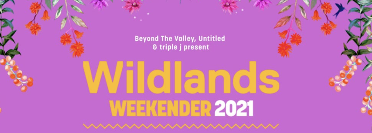 Event poster for 'Wildlands Weekender 2021' with a purple background, surrounded by colorful flowers and fruits.
