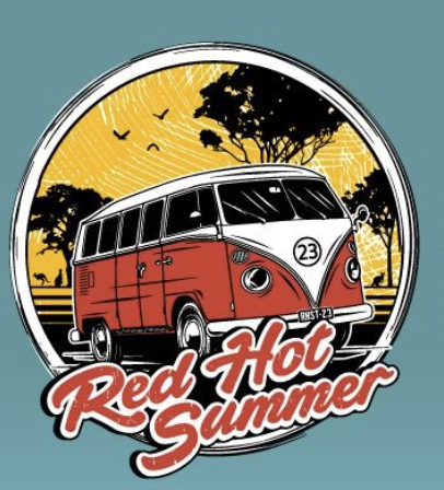 A graphic illustration of a vintage red and white Volkswagen bus with the text 'Red Hot Summer'. The background features a sunset scene with birds flying and silhouetted trees.