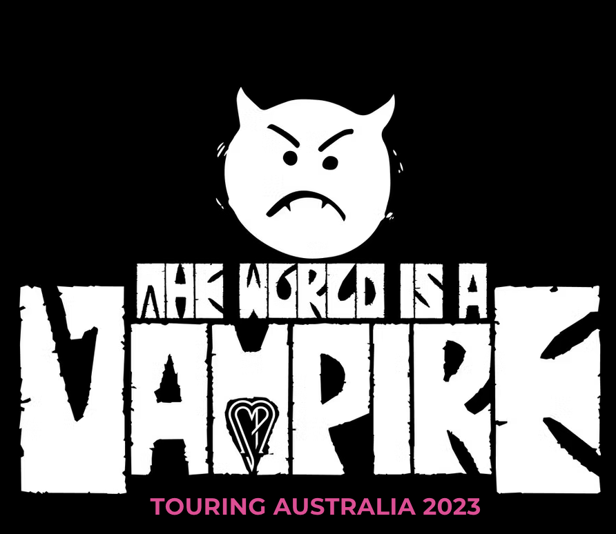 Black and white illustration with a fierce cartoon devil face and the text 'The World in a VAPOR?' in a grunge style, with 'TOURING AUSTRALIA 2023' in pink at the bottom.