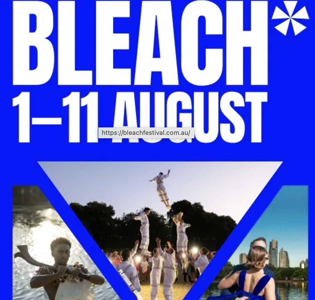 Promotional poster for Bleach Festival, taking place August 1-11. Features images of people participating in festival activities, including a jump into water, a human tower, and couples enjoying the city skyline.