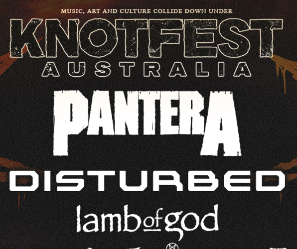 Poster advertising Knotfest Australia featuring bands Pantera, Disturbed, and Lamb of God.