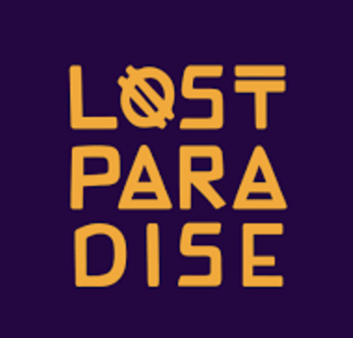 Text graphic with the phrase 'Lost Paradise' using stylized letters and a purple background.