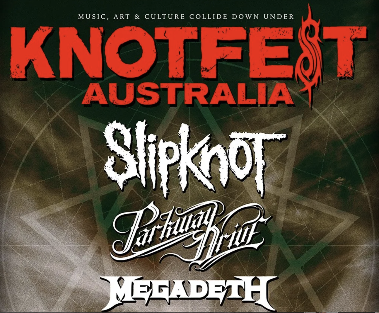 Poster for Knotfest Australia featuring Slipknot, Parkway Drive, and Megadeth with a dark background and bold, distressed text.