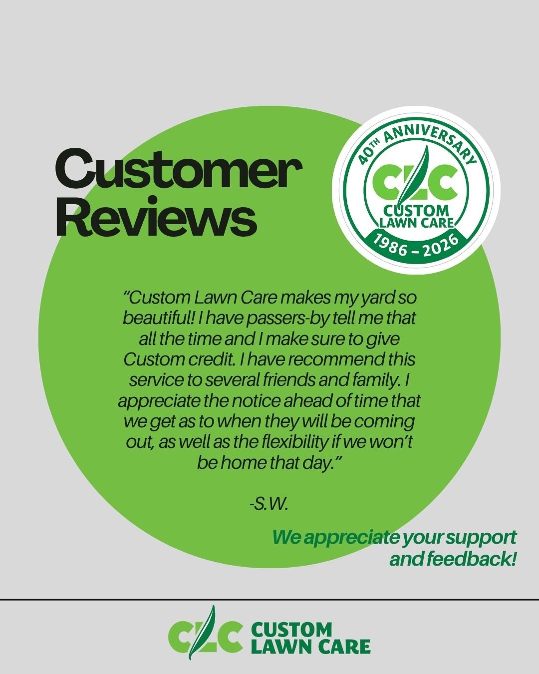 Your trust means everything to us ⭐

We&rsquo;re here to keep your lawn looking its best all season long 🌱

#HappyCustomers #5StarService #Testimonials #LawnCare #localyxe #customlawncare