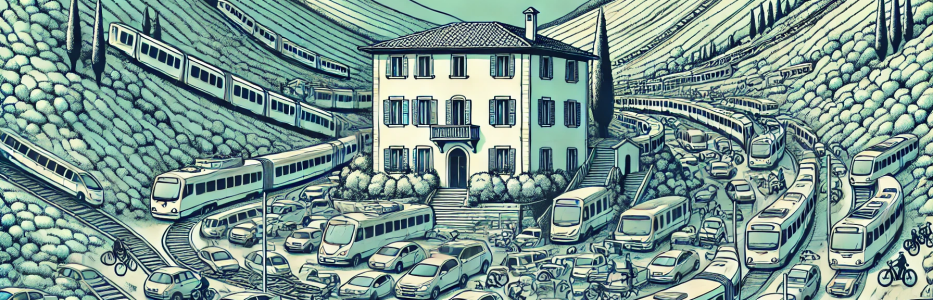 Villa on a hillside surrounded by vehicles of all kinds