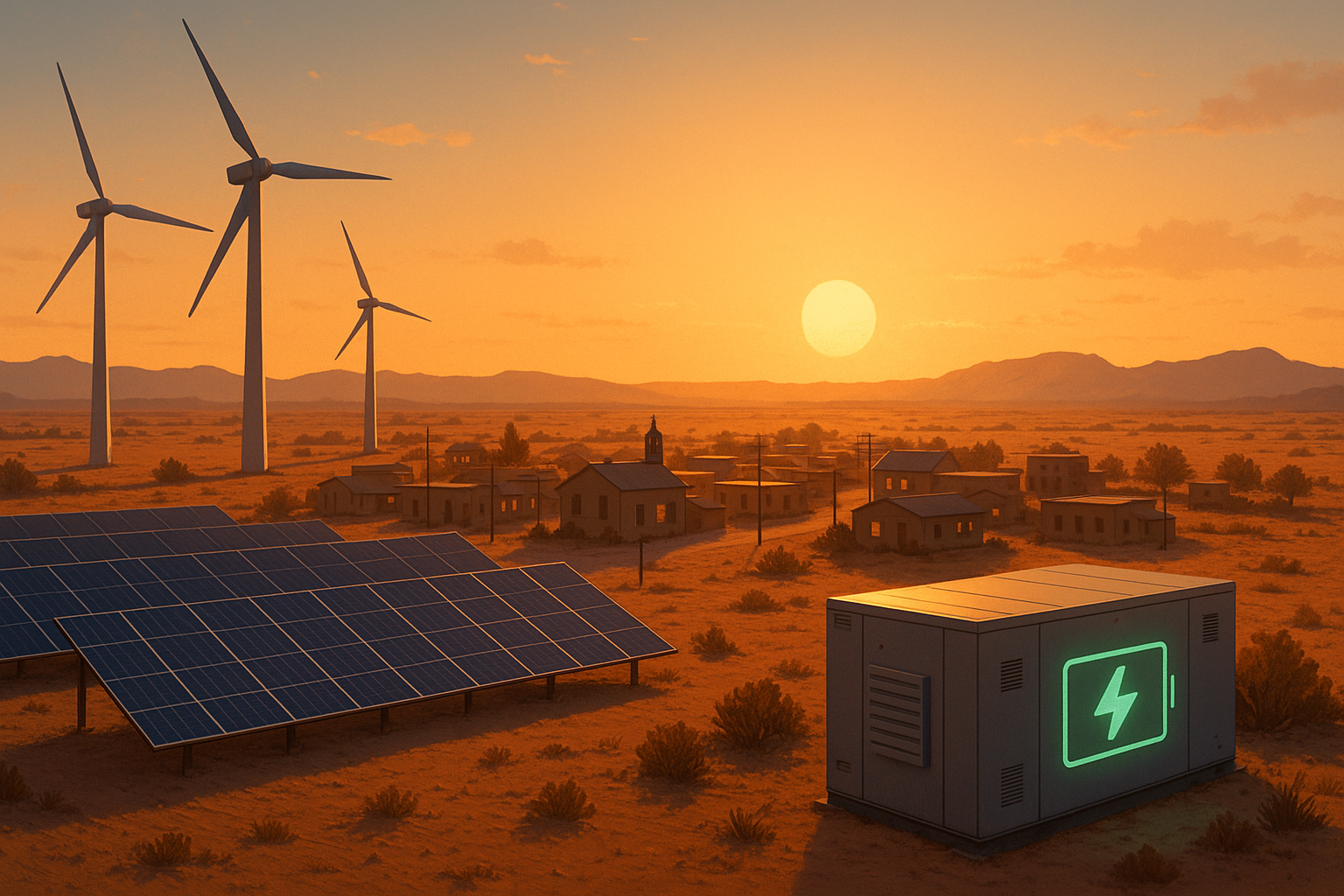 Sunset over an orange-hued desert town with rows of solar panels in the foreground with a large battery displaying a glowing green rectangular symbol. Three wind turbines stand in the middle ground with a range of mountains along the far horizon.