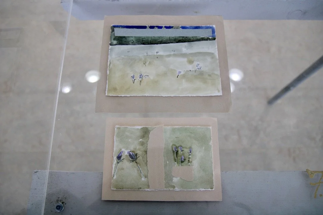 Top: George Glenn, "Field with Crocuses," watercolour and collage on paper, 5 x 5"
Bottom: George Glenn, "Large Crocuses #2," watercolour and collage on paper, 3.5 x 5.5"