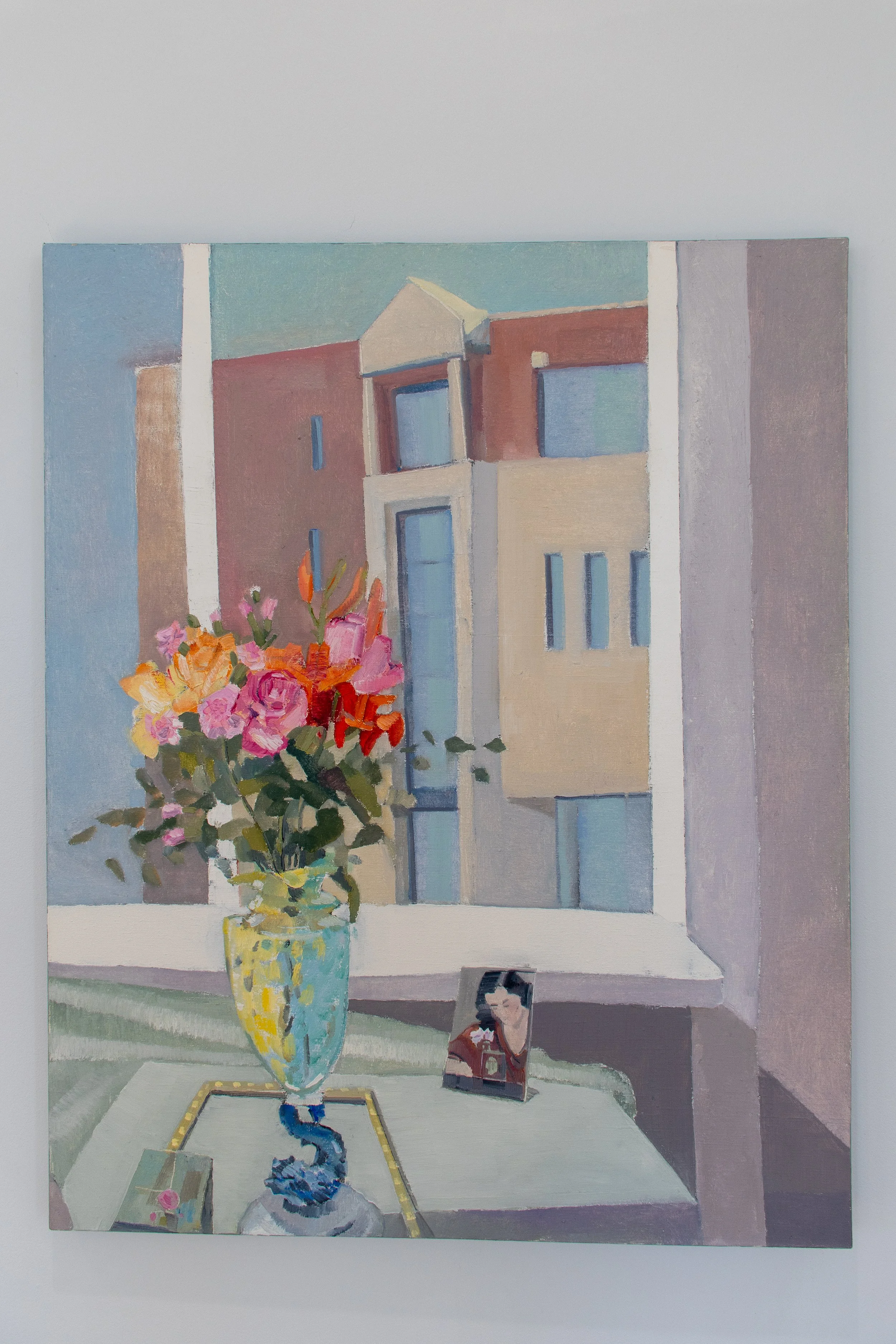 George Glenn, "Venetian Vase with Two Postcards," 2004, oil on canvas, 40 x 32"