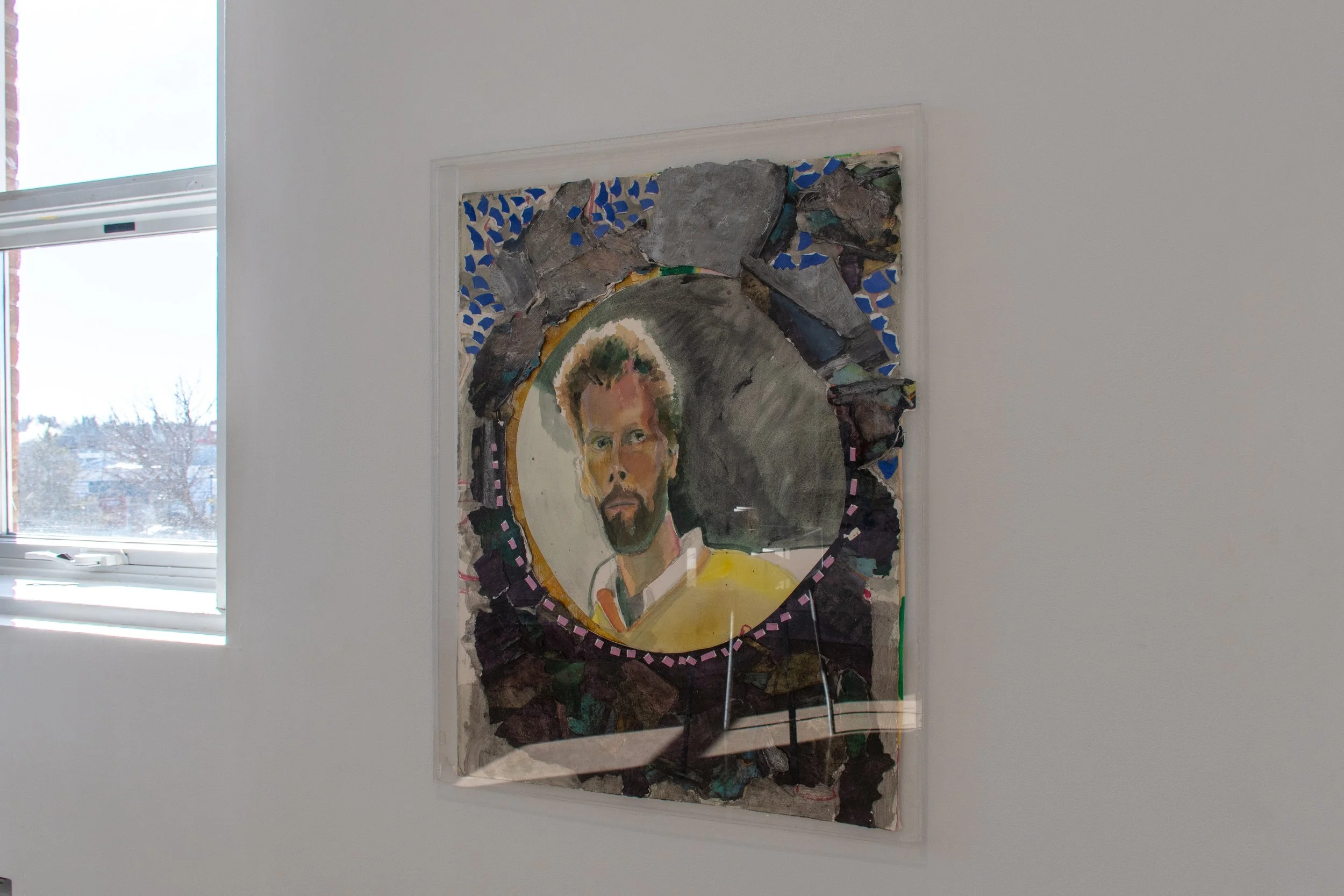 George Glenn, "Self Portrait Montage," 1989, acrylic on paper in plexiglass sleeve, 30 x 23"