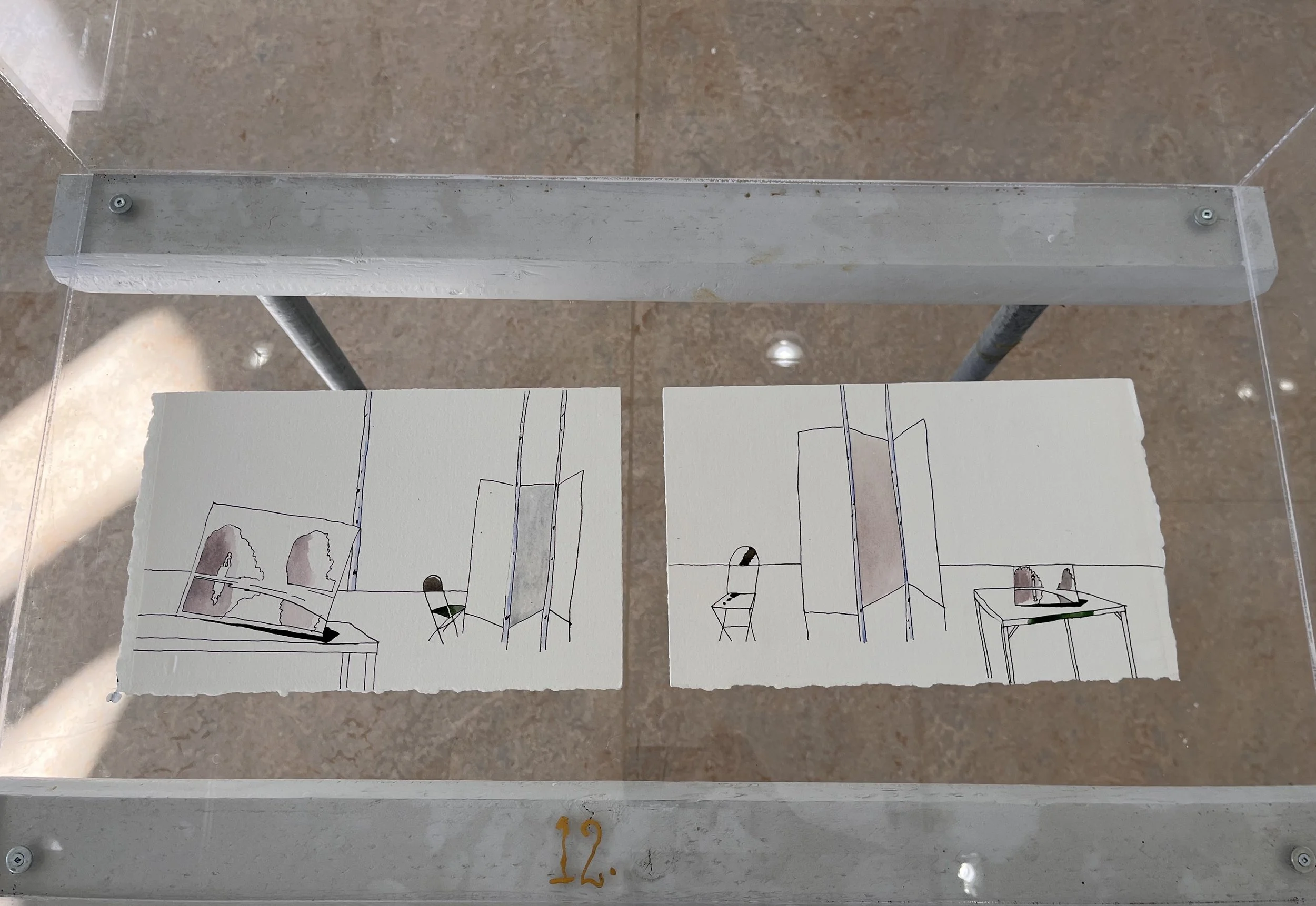 George Glenn, "November Room" (both images), 1994, ink and watercolour on paper, 7 x 11"