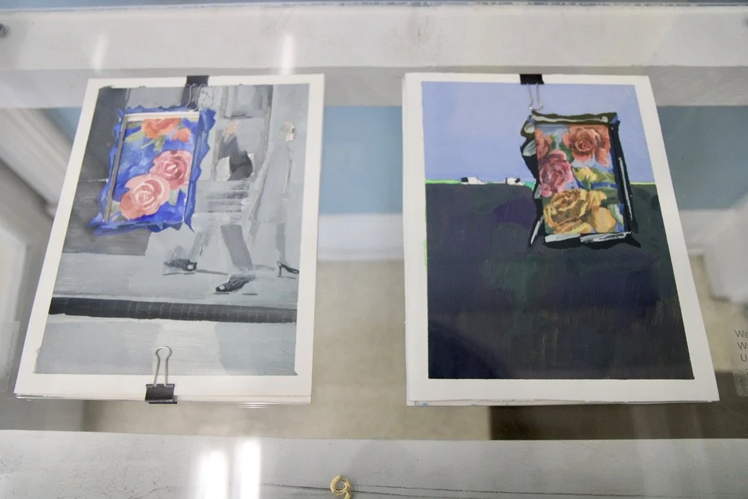 George Glenn, "War and Roses Series: Bay Street" and "War and Roses Series: Holsteins," 2003-04, gouache on paper with plexiglass, 9.75 x 8"