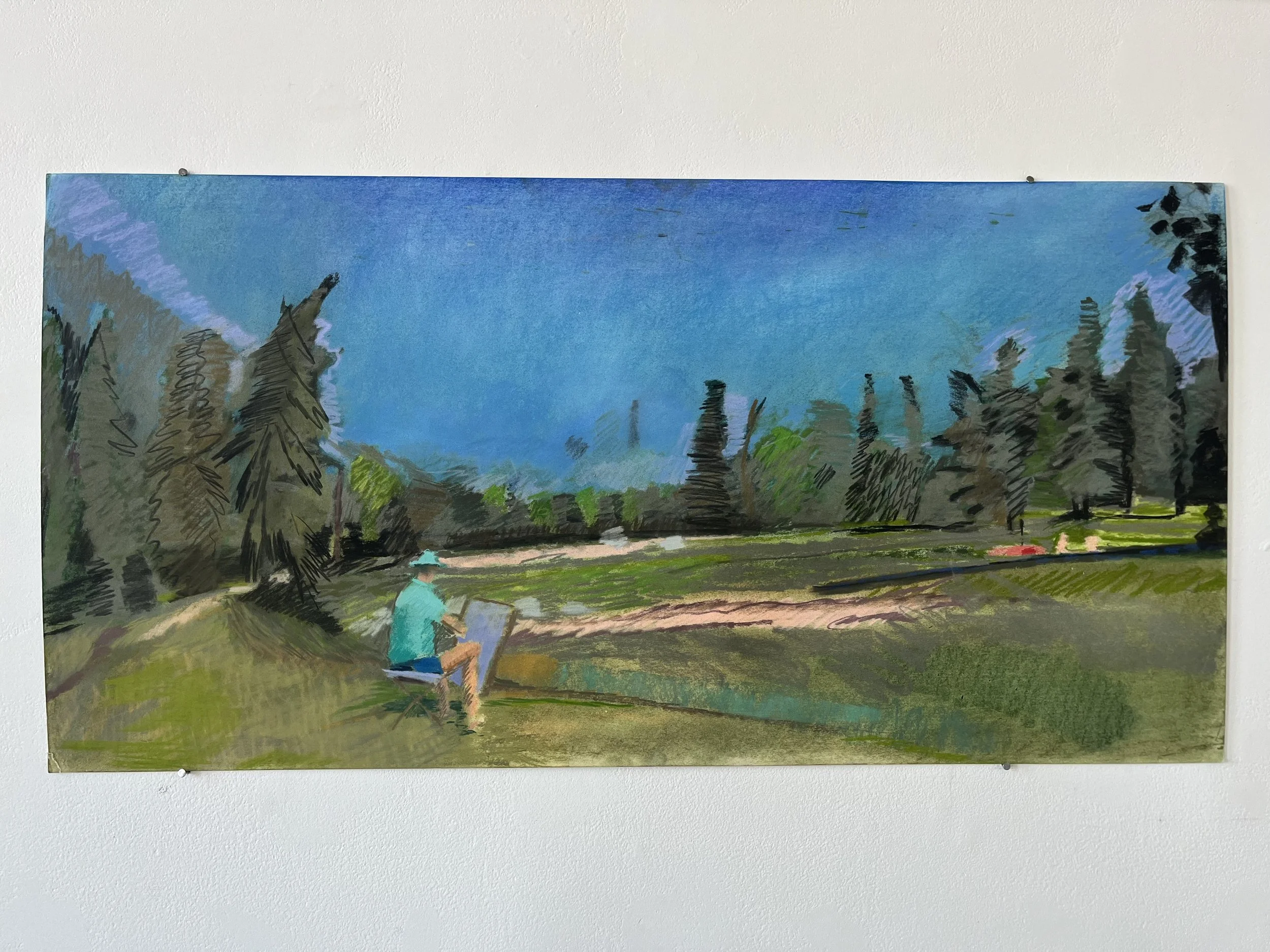 George Glenn, "Little Red River Park; Painter," c. 1987, chalk pastel on paper, 15.5 x 32"