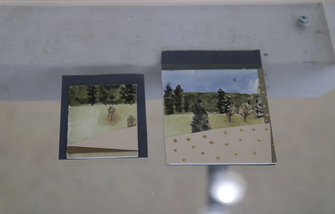 Left: George Glenn, "Miniature Landscape," watercolour and collage on paper, 2.25 x 2"
Right: George Glenn, "Small Landscape with Gold Dots," watercolour and collage with gold leaf on paper, 3.25 x 3.25"