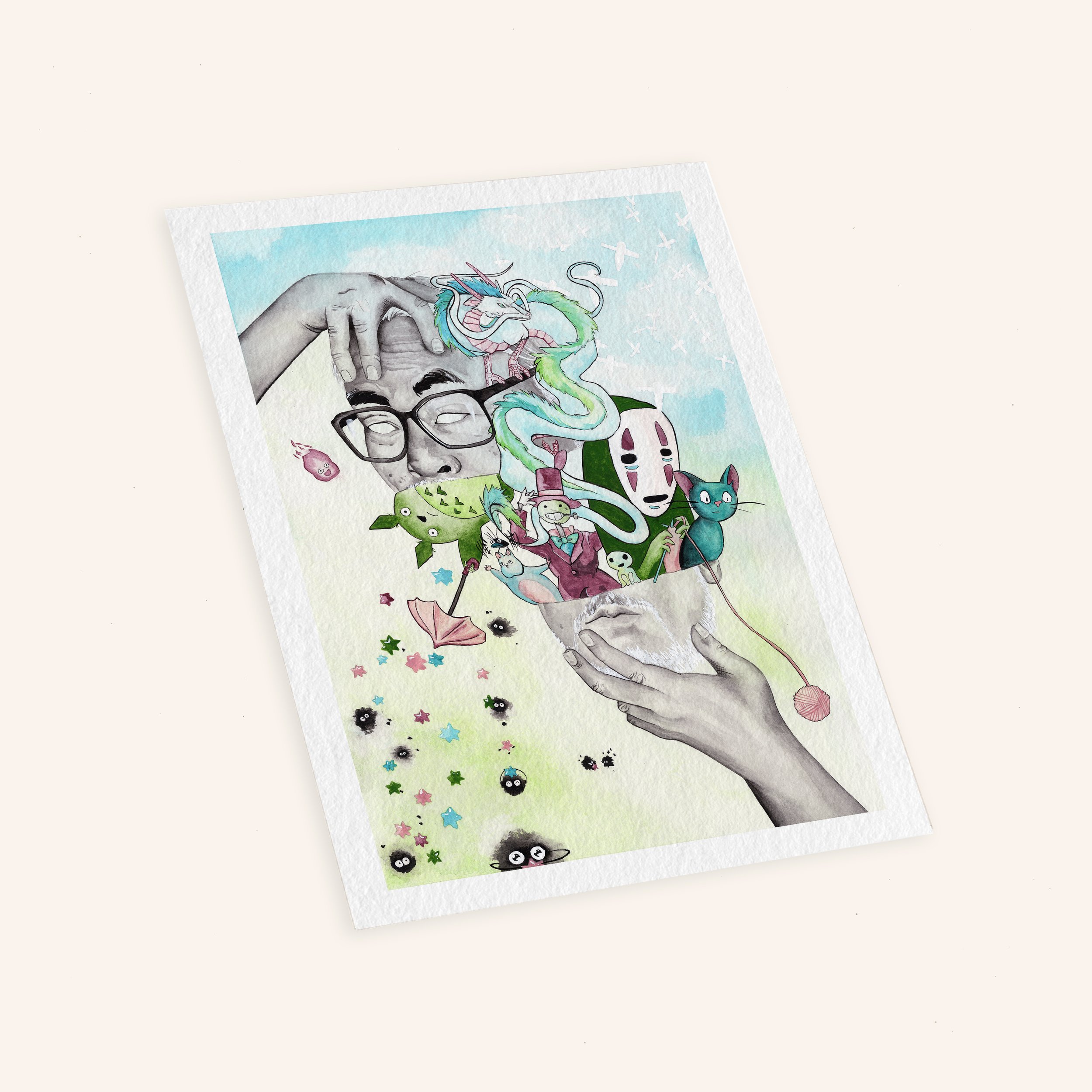 A whimsical watercolor portrait of Hayao Miyazaki, his mind overflowing with the magical creatures and worlds he has created.