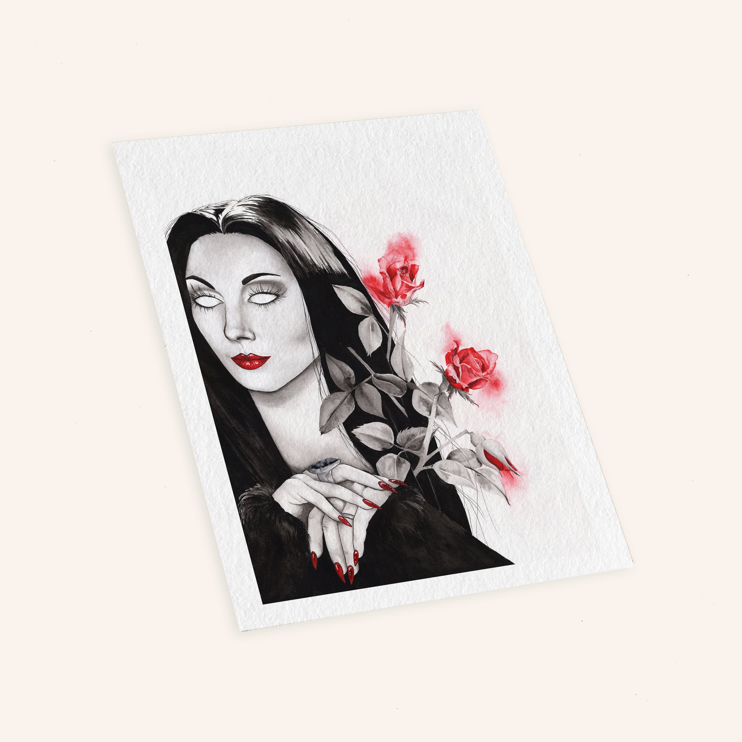 A dramatic and gothic watercolor portrait of Morticia Addams, the epitome of dark elegance.