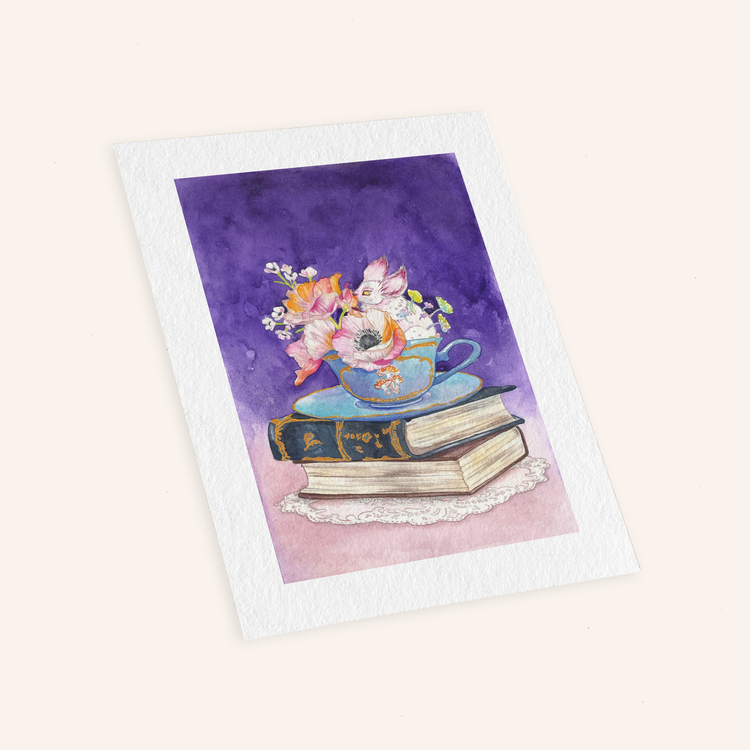 A watercolor painting of a mouse-like creatur with mushrooms sprouting from its back curled up in a teacup filled with flowers, resting on top of a stack of old books.
