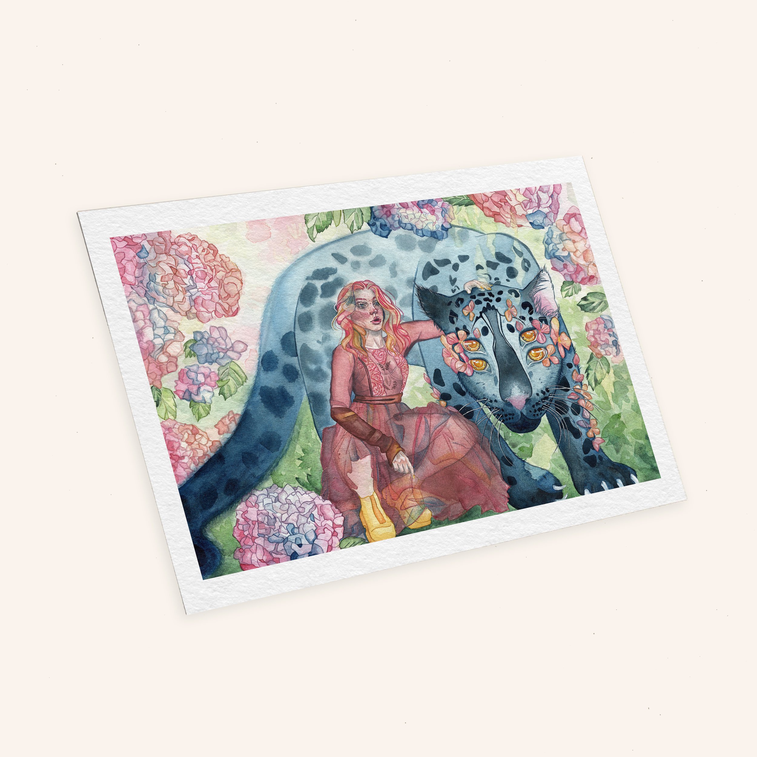 painting of a fiery witch and her enormous panther companion with pedals sprouting from its eyes, amidst a vibrant garden of hydrangeas.