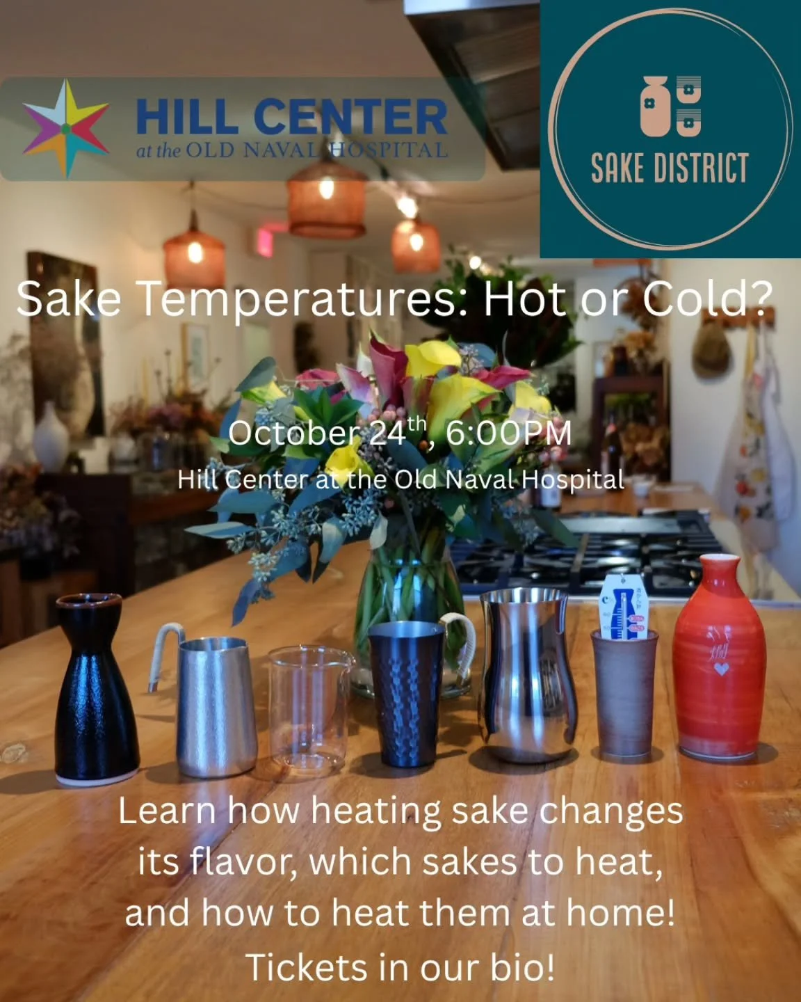 A hot sake class, answering all your questions about which sakes to heat up, which to serve cold, how to heat them, and more.

Join me at @hillcenterdc on October 24th for my next class! I'll be pouring a variety of interesting sake to demonstrate ho