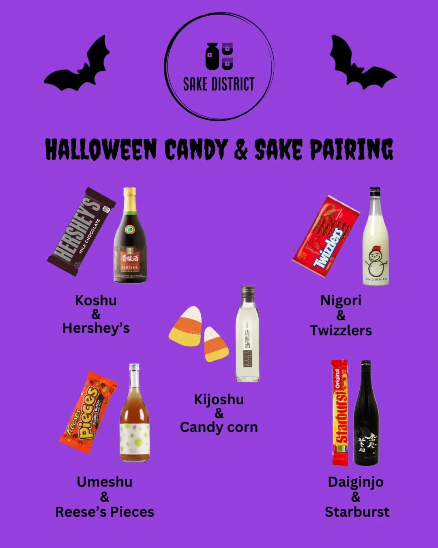 Tis the season! Check out these sake and candy pairings for Halloween!

The chocolate compliments the cocoa notes of an aged sake due to its maillard reactions over time.

The soft rice powder of a nigori pairs well with the fruitiness of Twizzlers, 