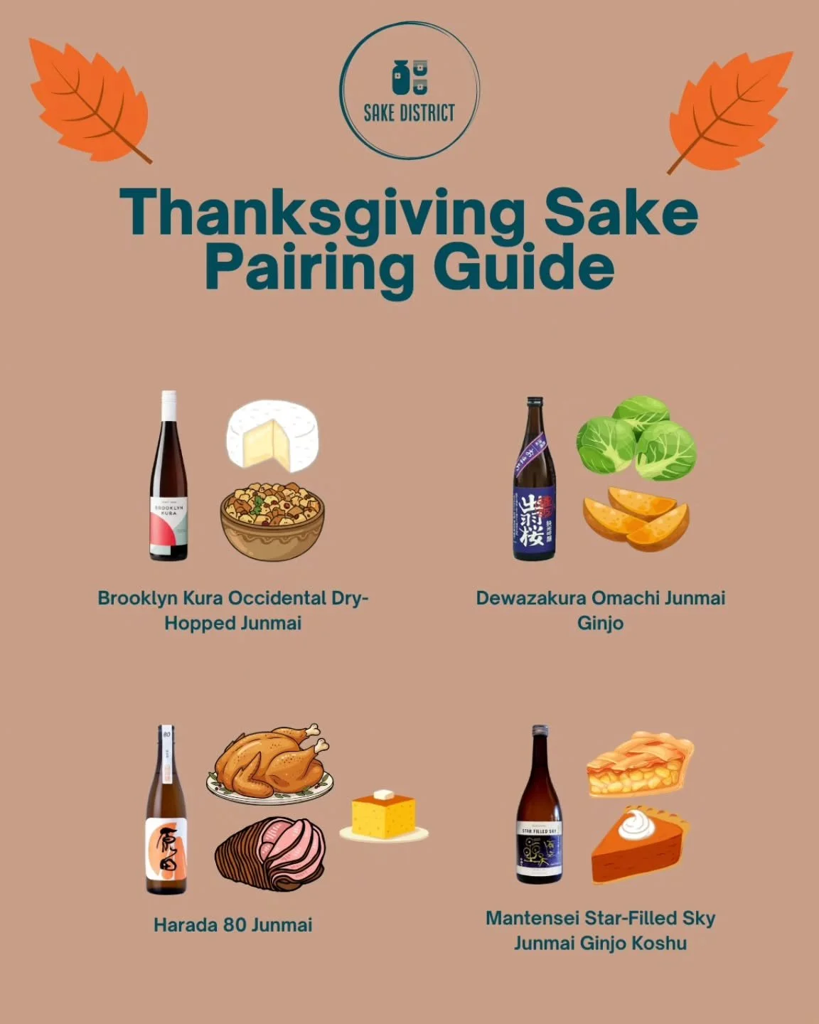 Sake is a perfect option for your Thanksgiving meal. Its umami perfectly compliments most hearty Thanksgiving fare, while its diversity means you have plenty of options. 

All of these are available for purchase from @dcsake so are easily accessible 