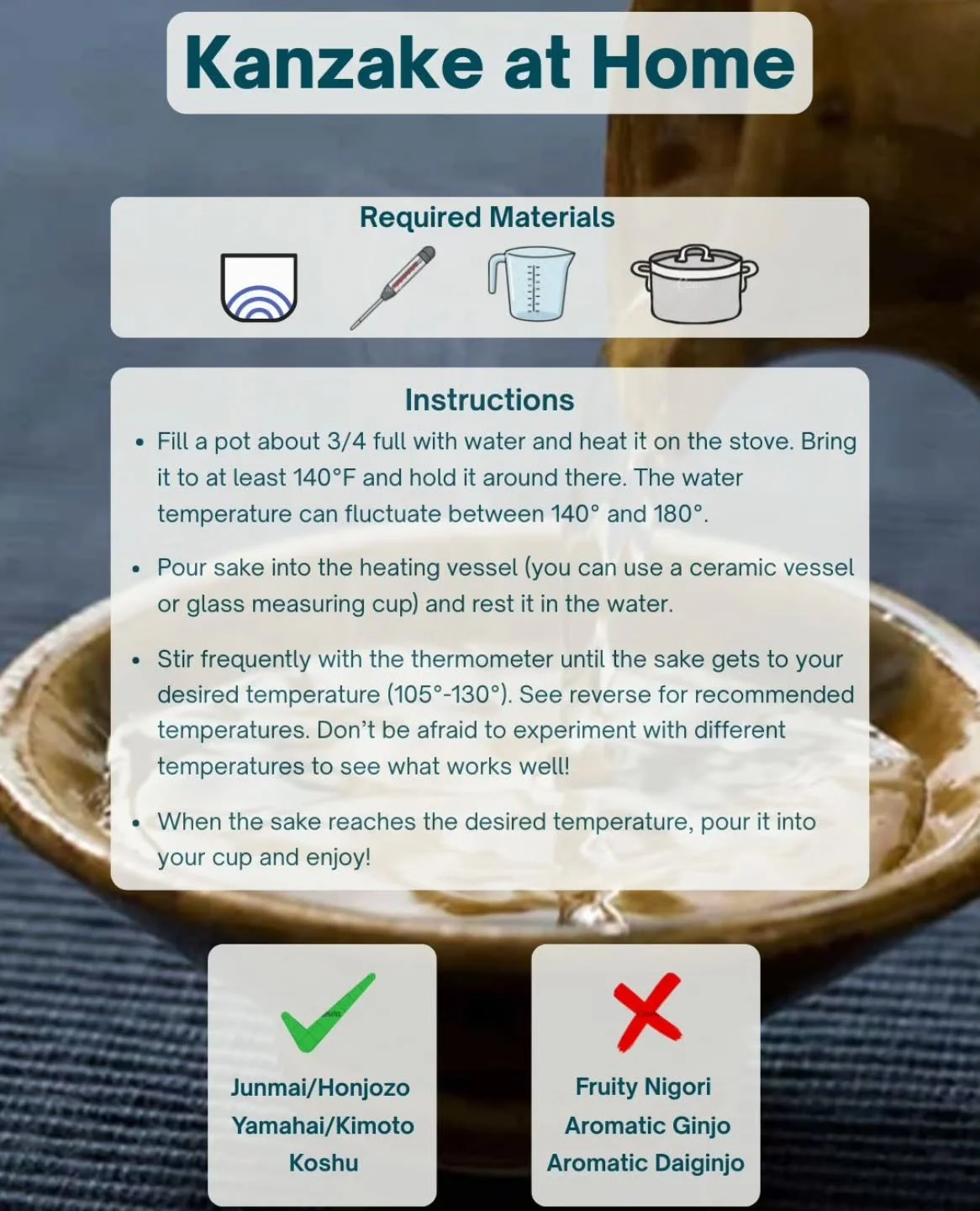 Share the warmth of hot sake this holiday season! Have some new sake bottles for the holidays that you're curious about trying warm? Follow these quick and easy steps to get the most out of your warm sake.

There is an undeniably deep craft and exper