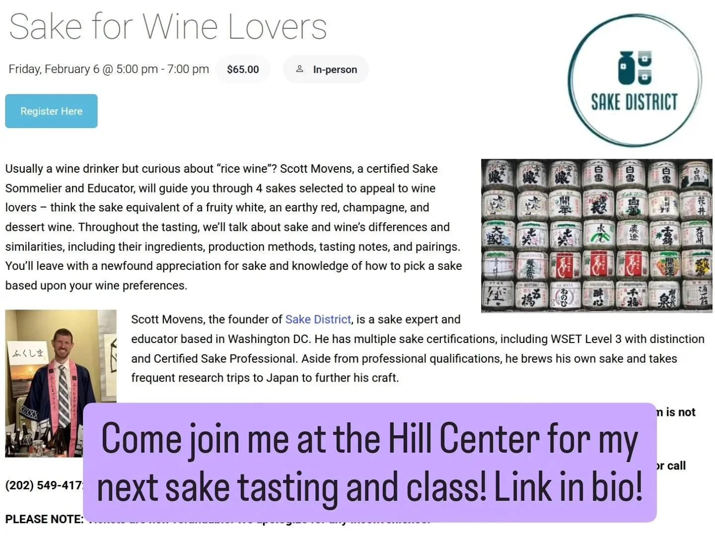 Typically drink wine but also curious about sake? Come to my next class at @hillcenterdc on Capitol Hill to try a bunch of sake that should appeal to wine drinkers!

I'll be pouring the sake equivalent of a fruity white, earthy red, champagne, and de