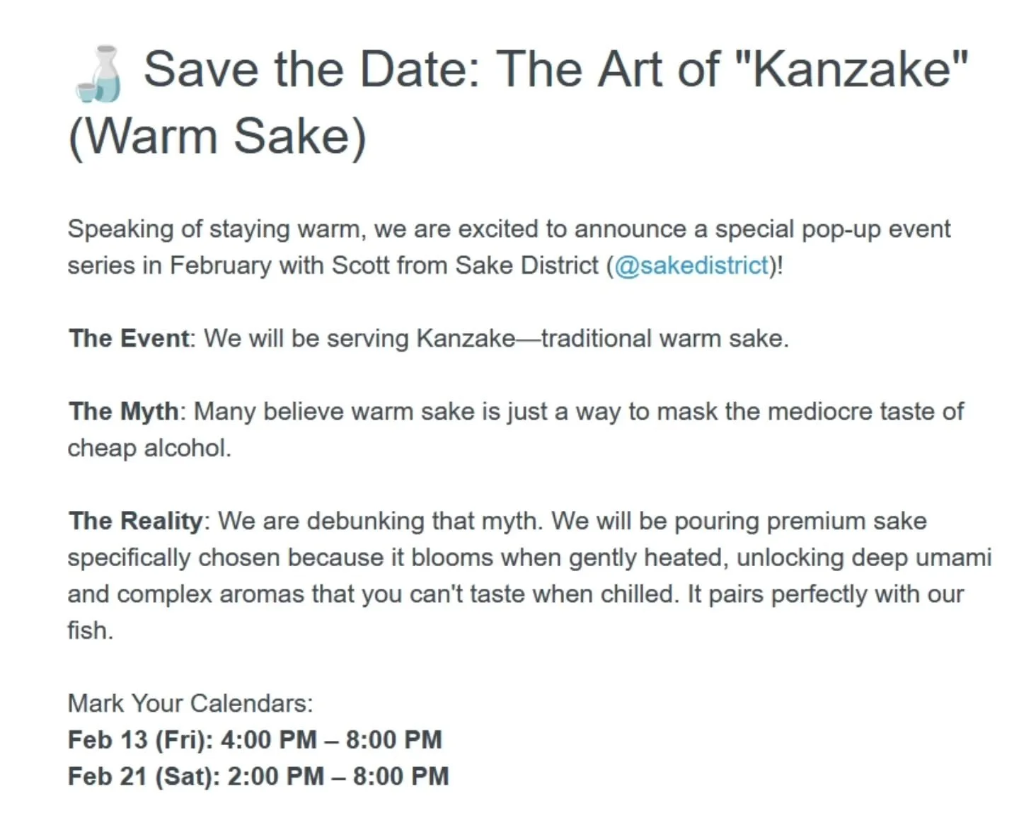 Come join me at @ricemarketdc on February 13th and 21st for the conclusion of my kanzake events this season! 

I'll be posted up in the downstairs market serving some special hot sake selections that I personally love. The best sashimi in town will b