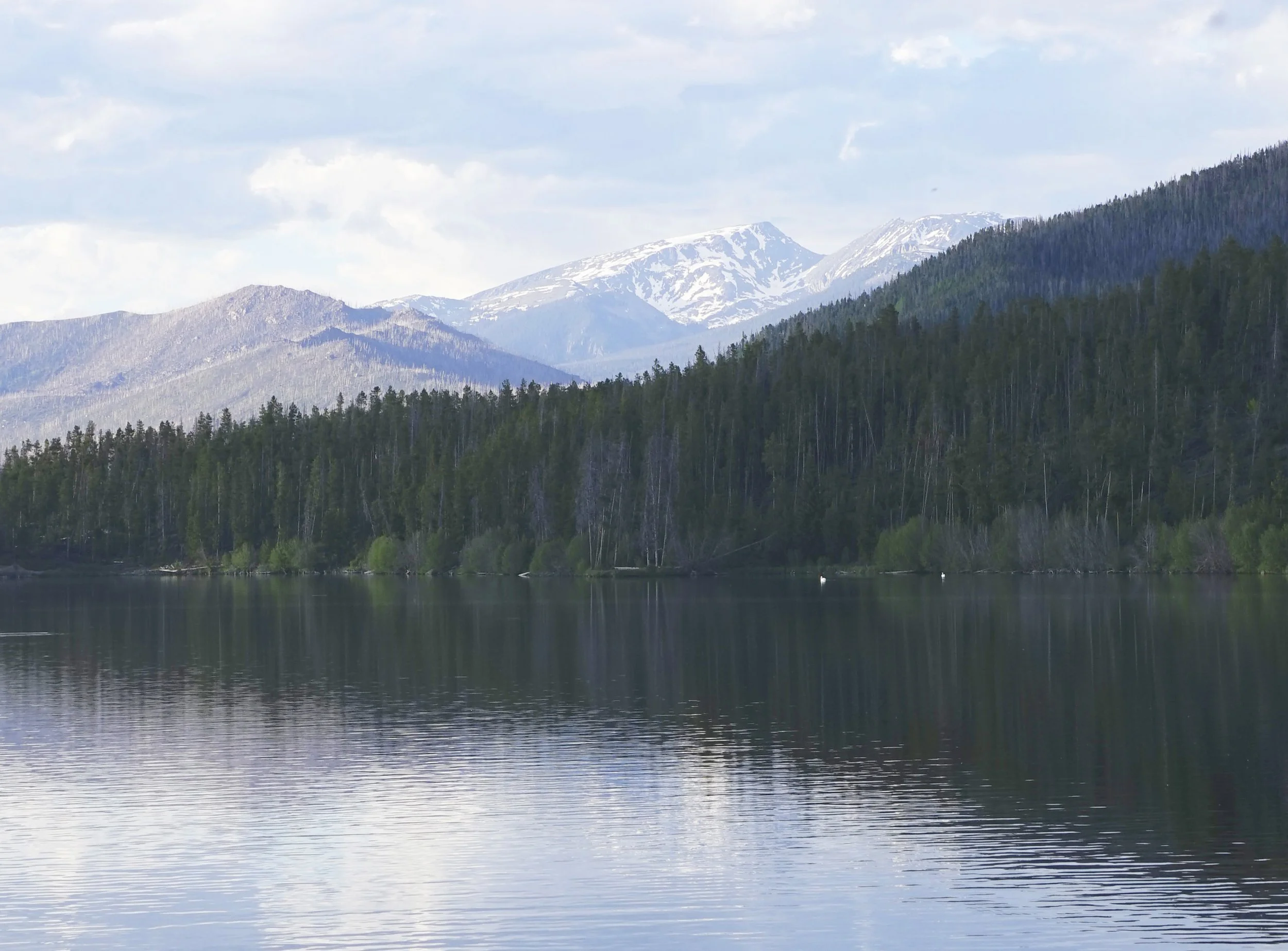 A peaceful lake reflecting a forest and snow-capped mountains in the background under a partly cloudy sky.