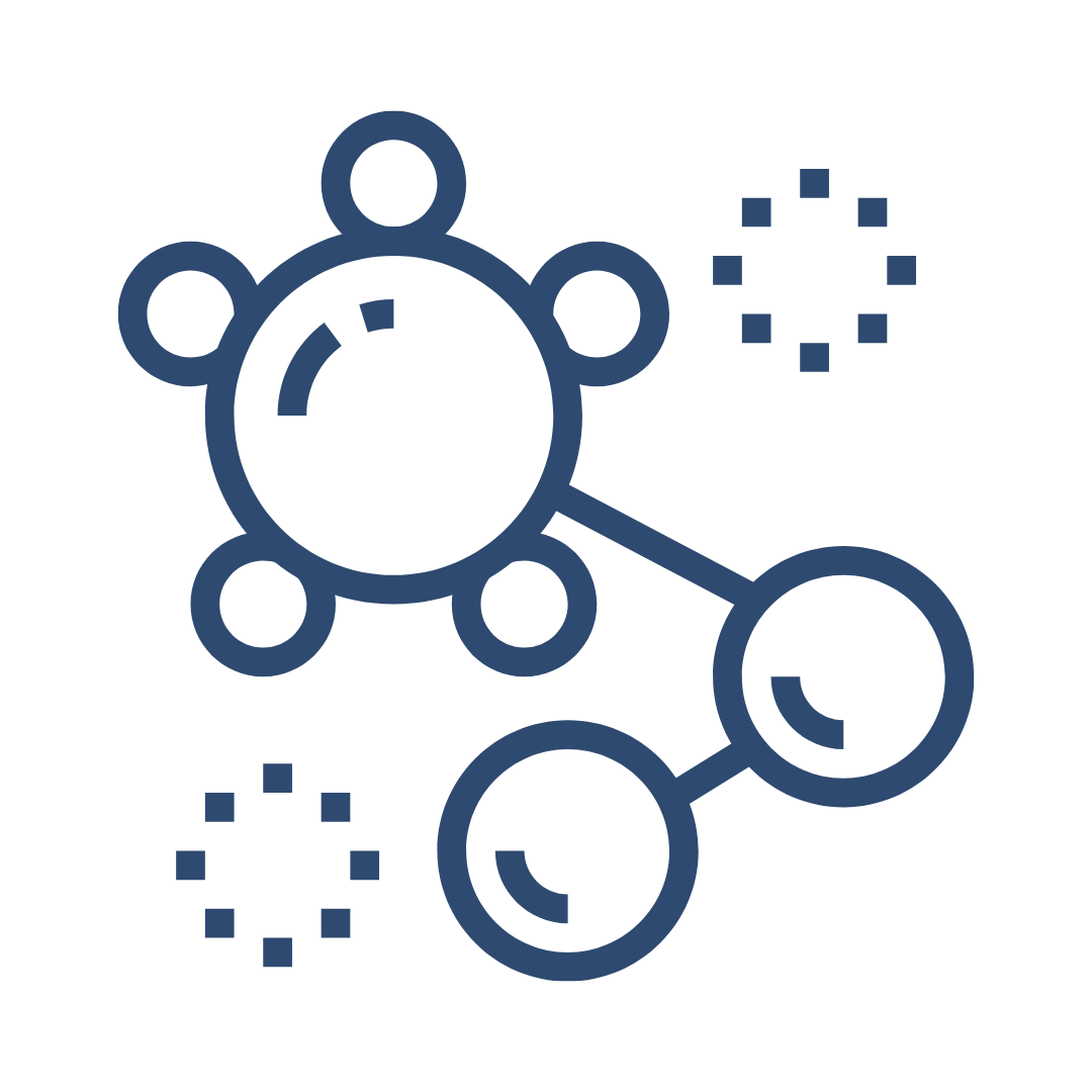 Graphic representation of a virus with a circular shape and spike proteins, connected by lines, with small dotted circles nearby.