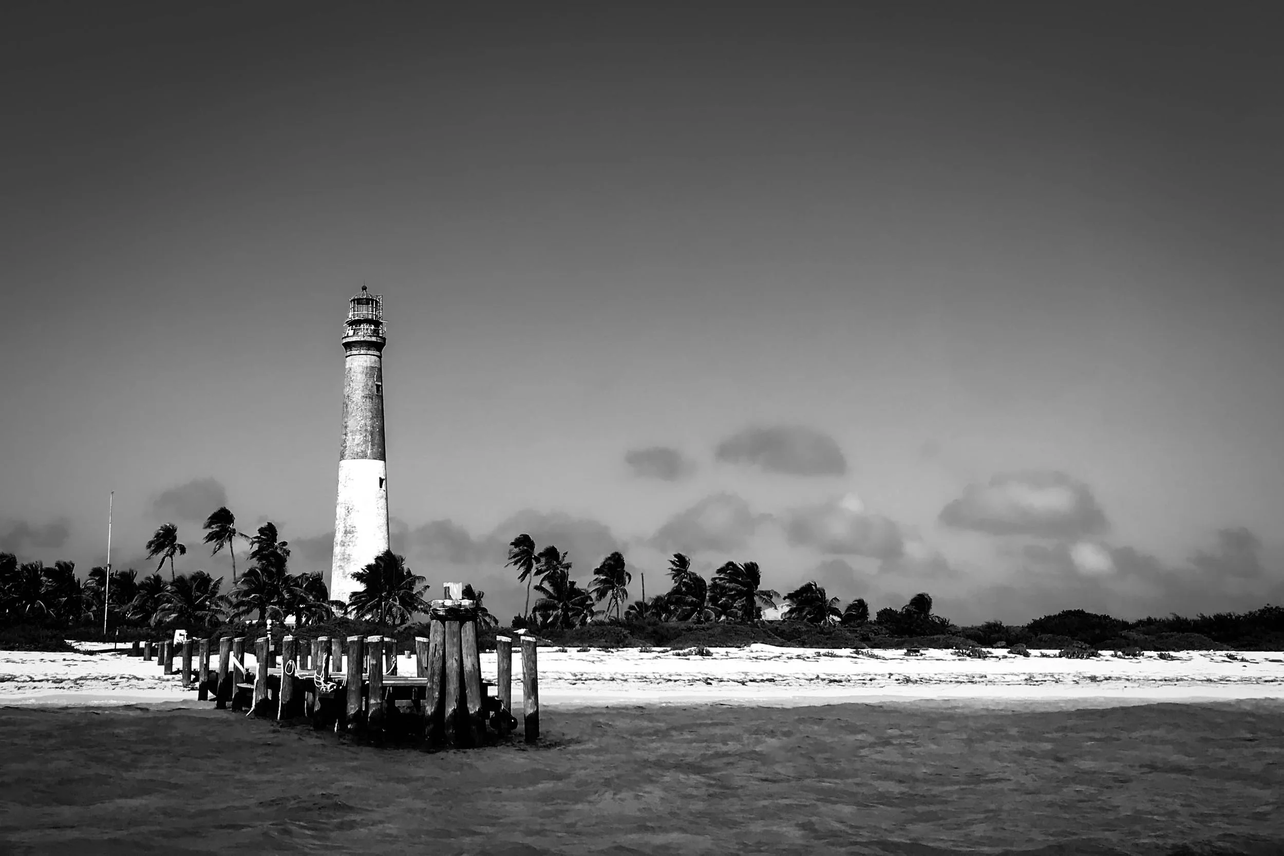 Black and white photo of a lighthouse on a beach with palm trees, a dock, and cloudy sky.