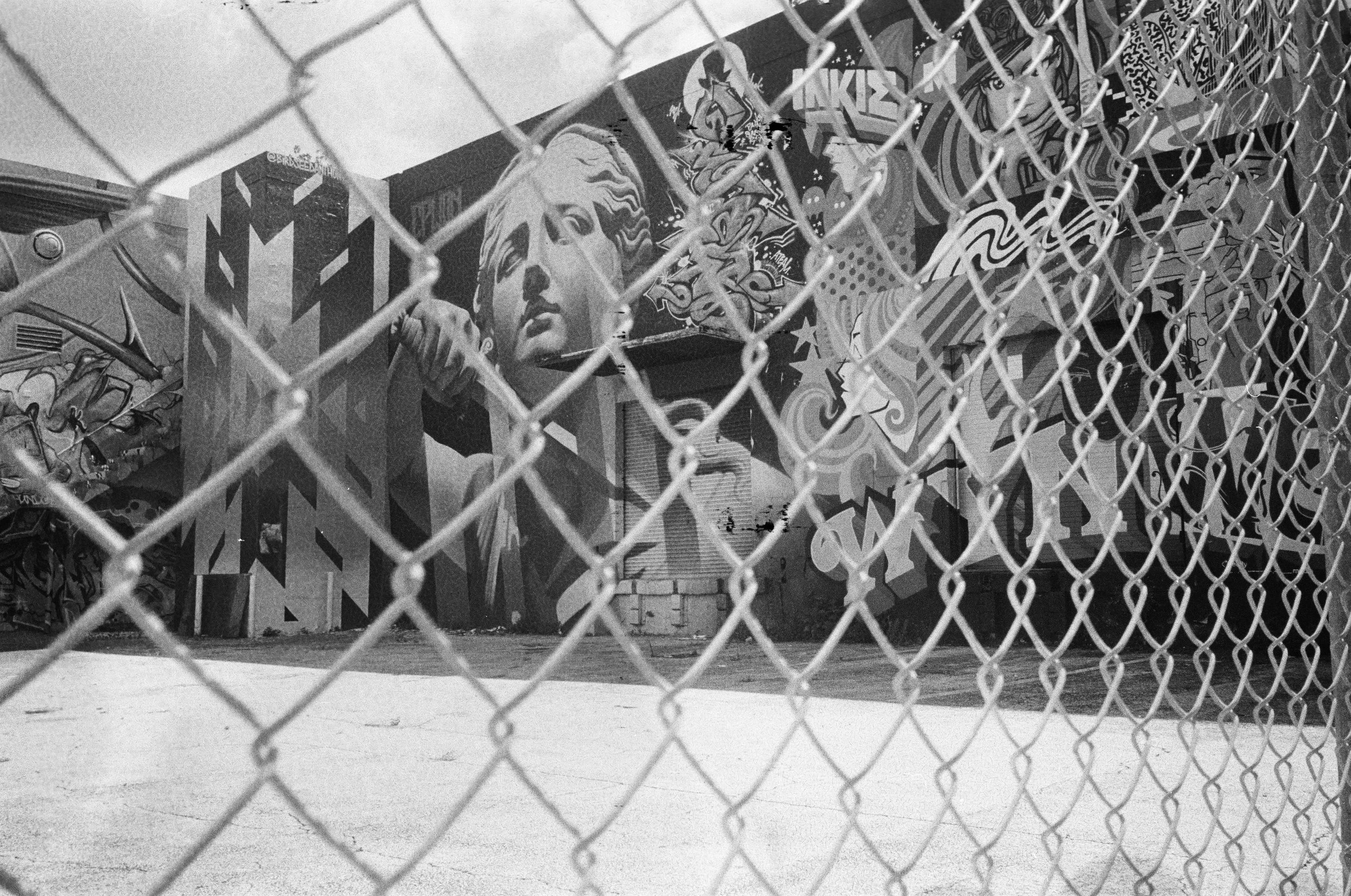 Black and white photo of a graffiti art-filled wall behind a chain-link fence, featuring portraits, abstract designs, and text.