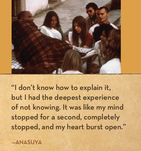 A group of people sitting around a person covered with a plaid blanket. The scene has a vintage or historical appearance. Below the image, there is a quote by Anasuya: "I don’t know how to explain it, but I had the deepest experience of not knowing.