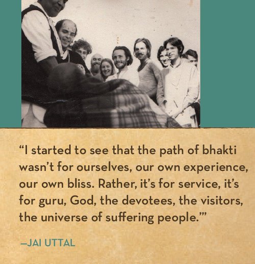 A group of people sitting together, appearing joyful, with a quote by Jai Uttal about bhakti and service.