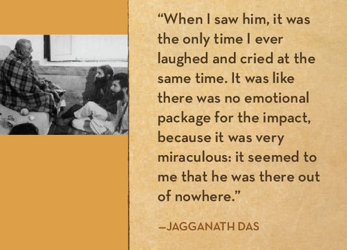 A black and white photo of a group of people sitting in a room on the left side of the image. The right side displays a quote by Jagganath Das about a profound emotional experience.