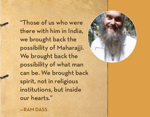 Quote from Ram Dass about spiritual experiences in India, with a circular photo of an unidentified man with a beard in the top right corner against a rustic background.