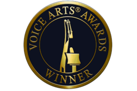Voice Arts Awards Winner logo featuring a stylized microphone and podium