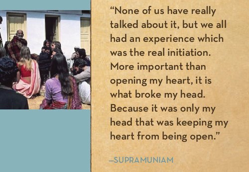 A group of people sitting in a circle outside, next to a quote. The quote reads: "None of us have really talked about it, but we all had an experience which was the real initiation. More important than opening my heart, it is what broke my head. Beca