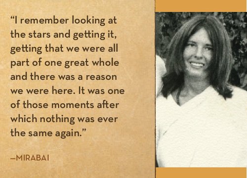 Quote by Mirabai next to a black and white photo of a woman.