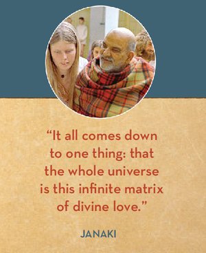 A quote reading "It all comes down to one thing: that the whole universe is this infinite matrix of divine love." is displayed in orange text on a beige background. Above the text, there is a circular image of a man wrapped in a checkered blanket, su