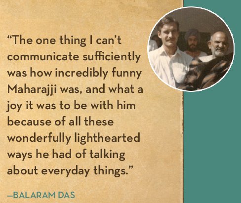 Quotation by Balaram Das about Maharajji, highlighting humor and lightheartedness, with a circular inset photo of people on a green background.