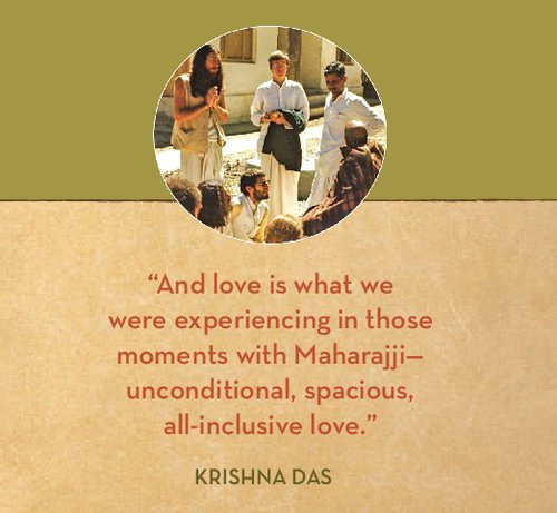 A circular photo of a group of people, some seated, with a quote below by Krishna Das about love experienced with Maharajji.