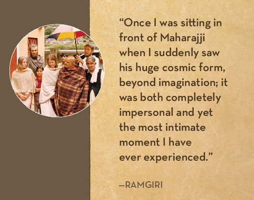 Maharajji with a group of followers and a quote by Ramgiri about a spiritual experience.