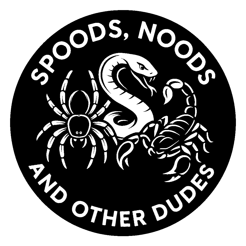 A black and white circular logo with the text 'Spoods, Noods and Other Dudes' surrounding a graphic of a spider, a snake, and a scorpion.