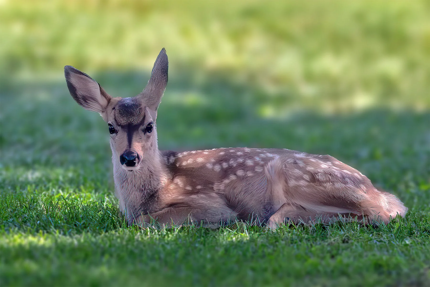 A fawn with spotted fur lying on grass in sunlight.