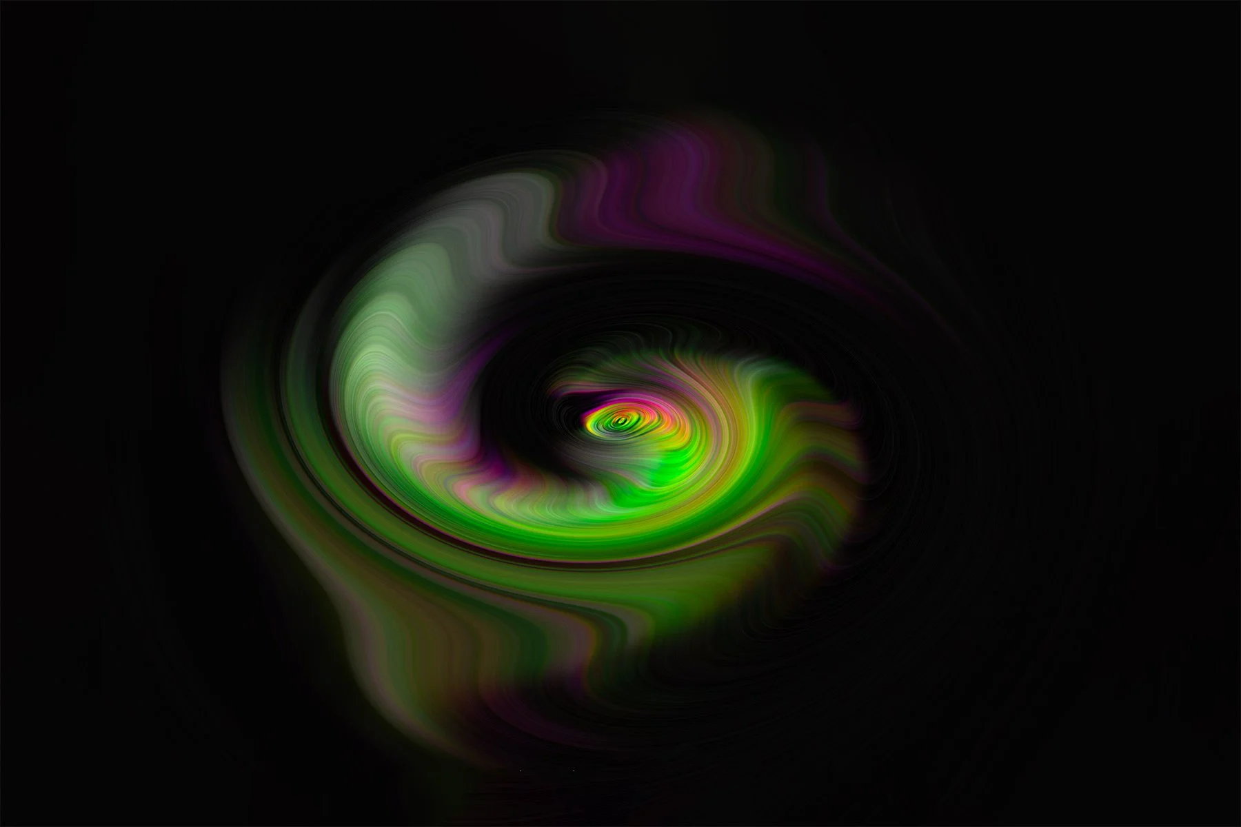 Abstract digital swirl with green, purple, and yellow colors on a black background.