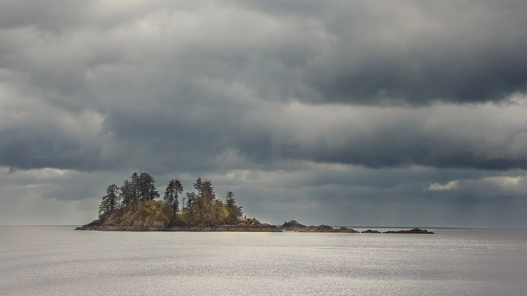 Small island with trees surrounded by calm sea under overcast sky.